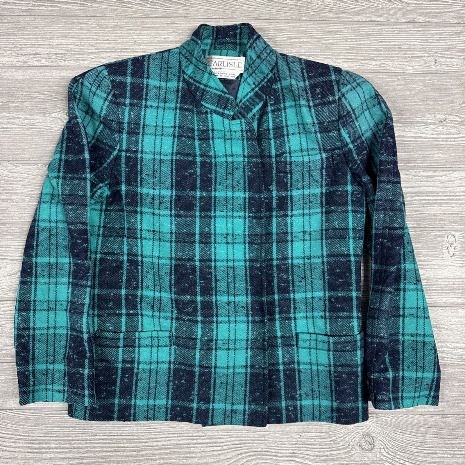 CARLISLE Vintage Plaid Blazer Jacket Wool Blend Green Blue Tweed Size 6 HongKong