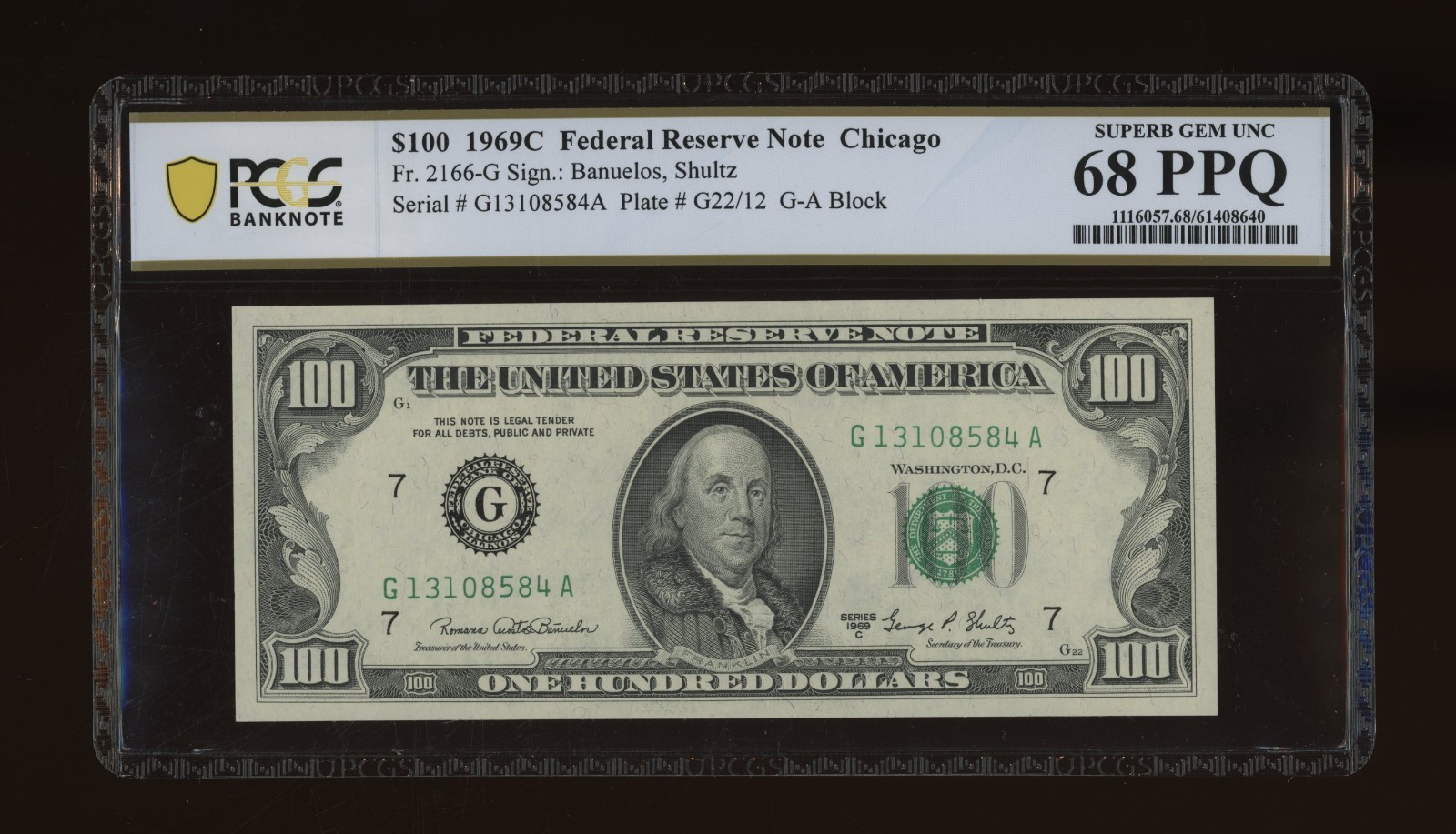 DBR 1969-C $100 FRN Chicago Fr. 2166-G Superb Gem PCGS-B 68 PPQ Ser # G13108584A