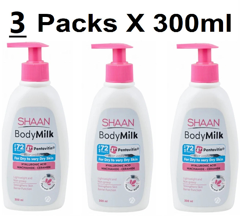 Shaan Body Milk Strengthening with Hyaluronic Acid,Niacinamide (3 Packs X 300ML)