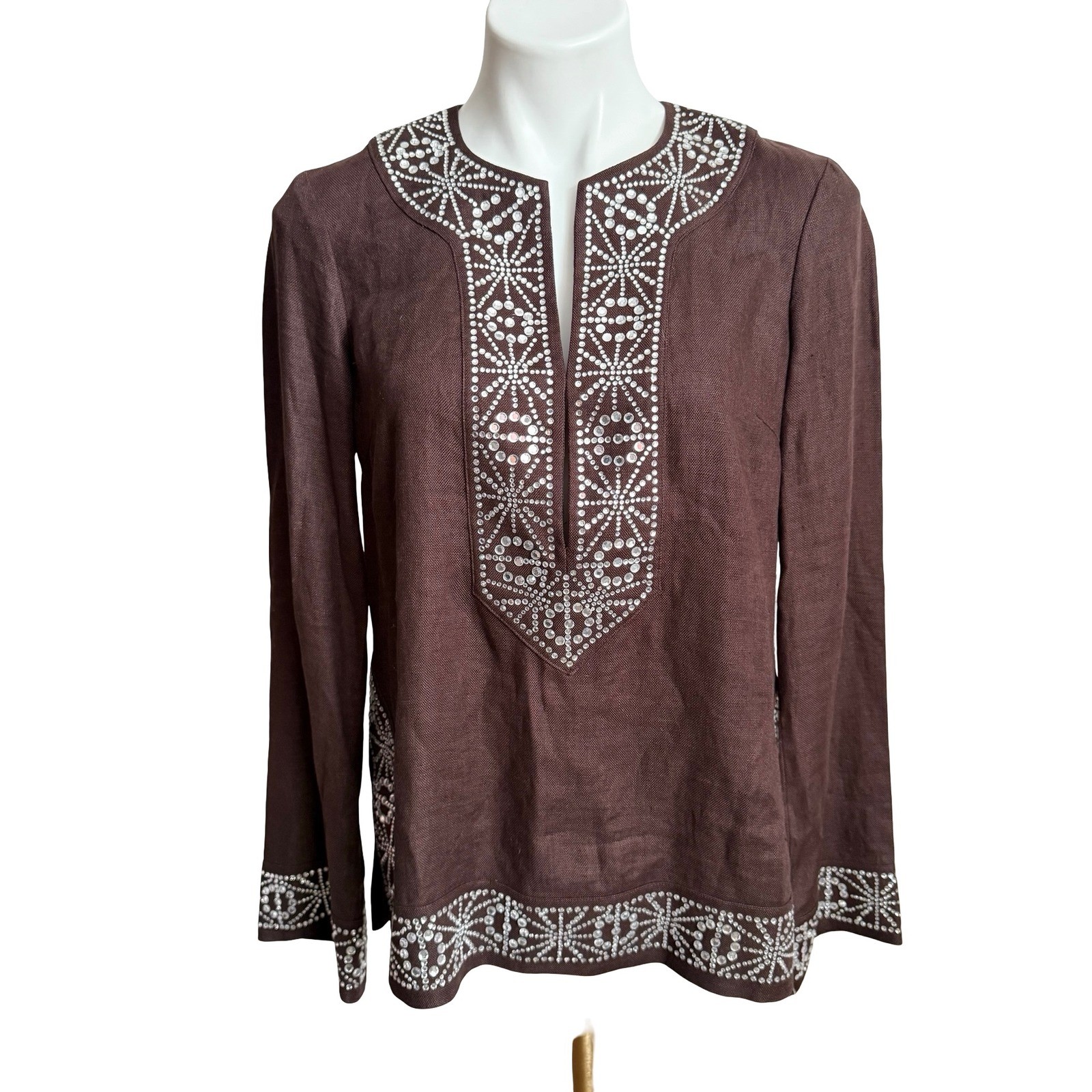 Vintage Tory Burch Brown Linen Crystal Bling Embellished Tunic Top Fall SZ 6 NWT Vintage Tory Burch Brown Linen Crystal Bling Embellished Tunic Top Fall SZ 6 NWT