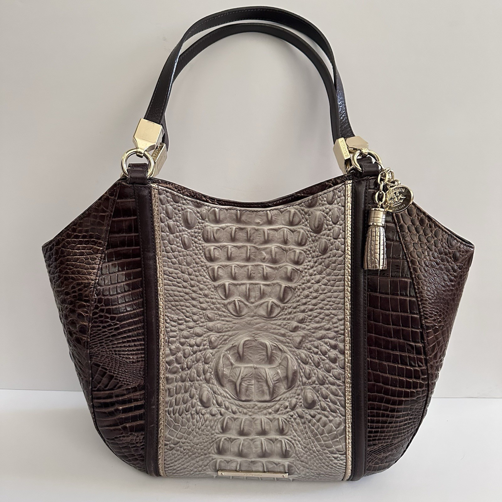 Brahmin Marianna Tote Quill Embossed Brown Taupe Colorblock Croc Bag