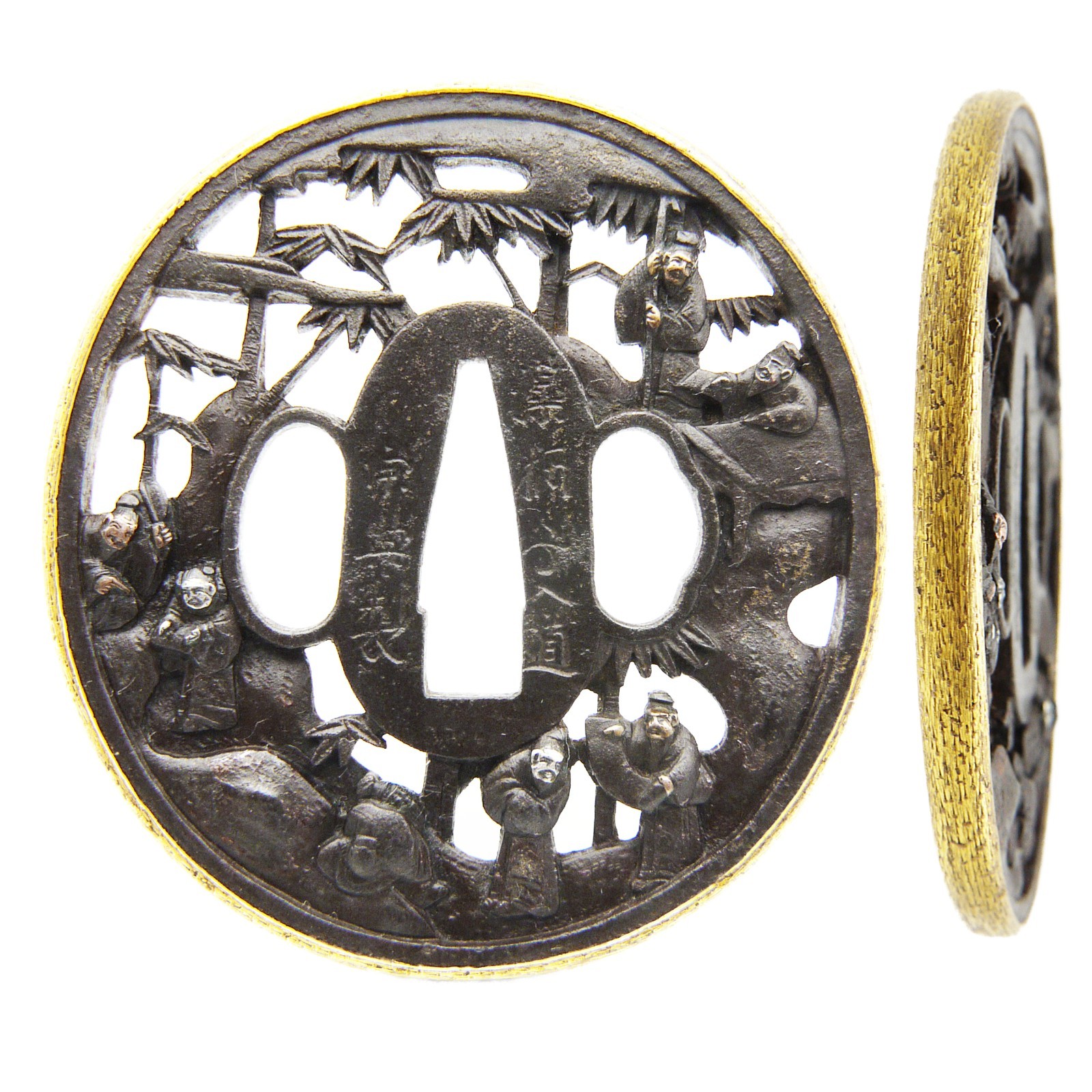 Tsuba Signed Soten Seven Sages Japanese Antique Sword Fitting Samurai Katana Tsuba Signed Soten Seven Sages Japanese Antique Sword Fitting Samurai Katana