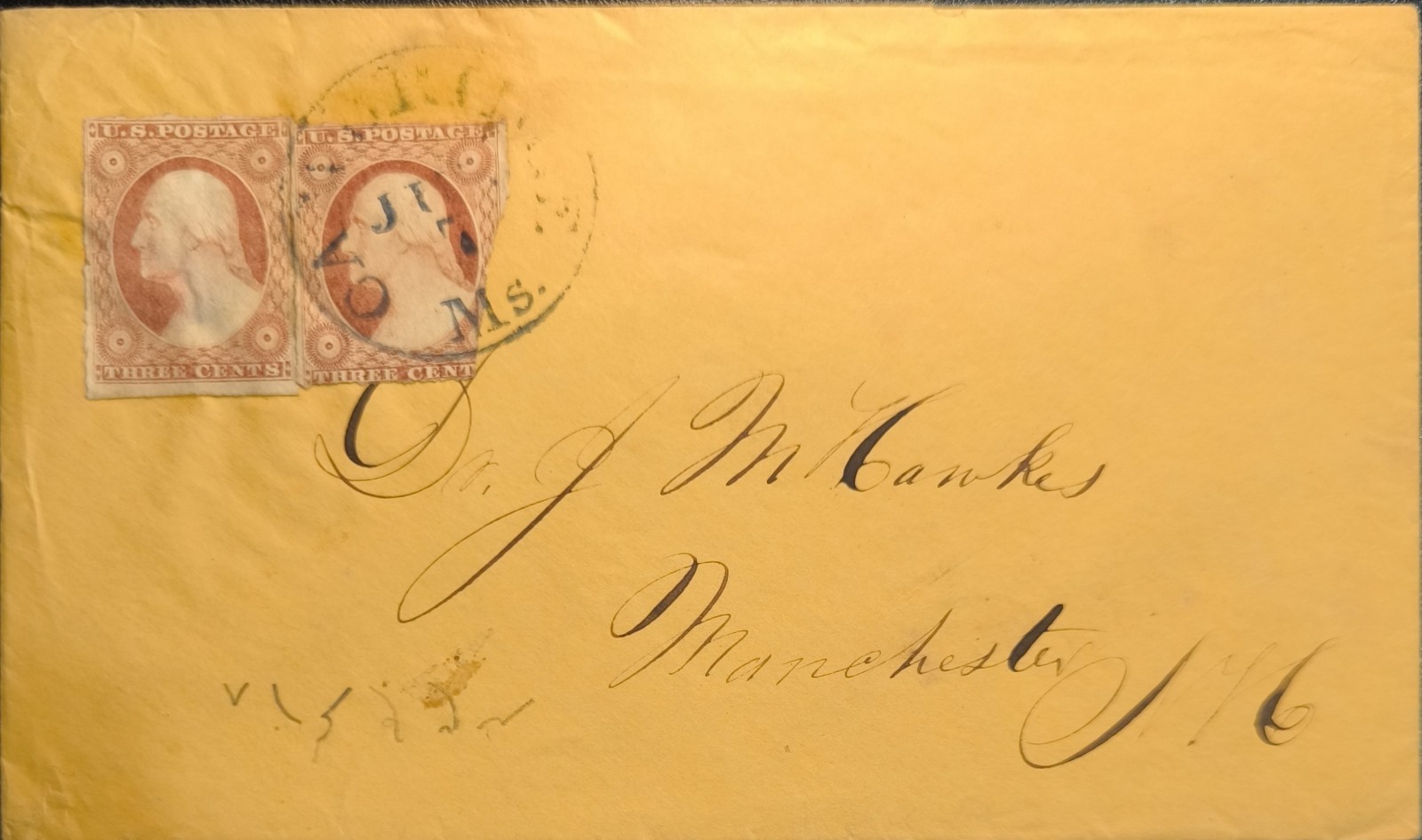 1850s USA Cover w/ 2x 3c Washington Stamps (Scott #11) – Classic Issue