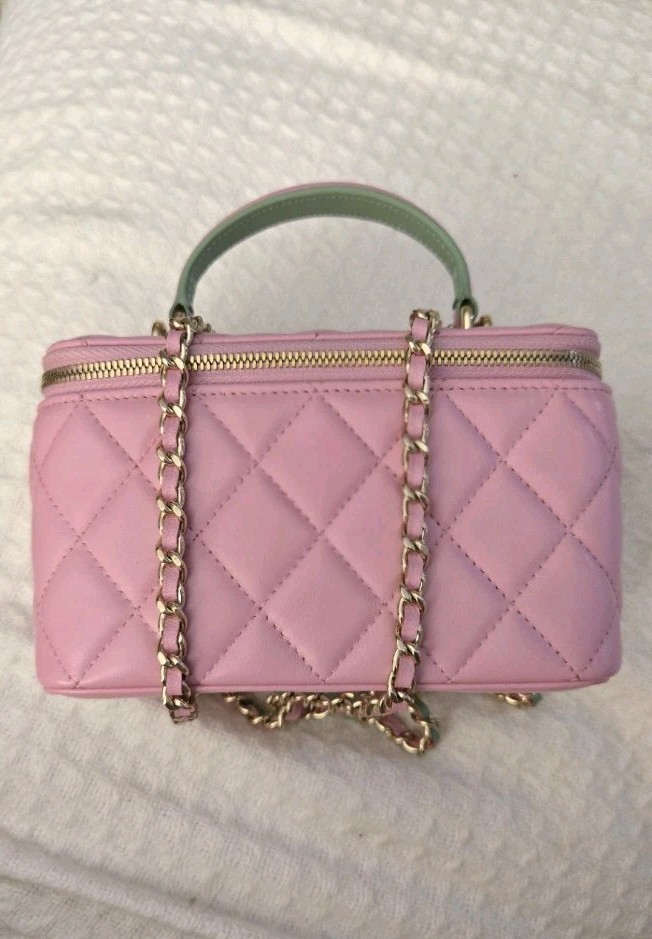 Chanel Pink & Green Quilted Mini Beauty Vanity Bag Gold Chain GWP NIB
