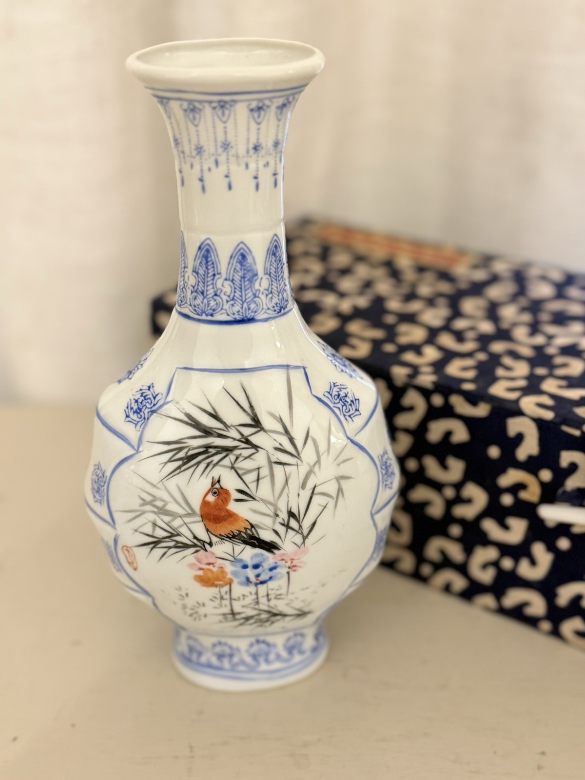 Vintage Chinese Eggshell Porcelain Vase Jingdezhen Signed Bird Bamboo Box 7.75”