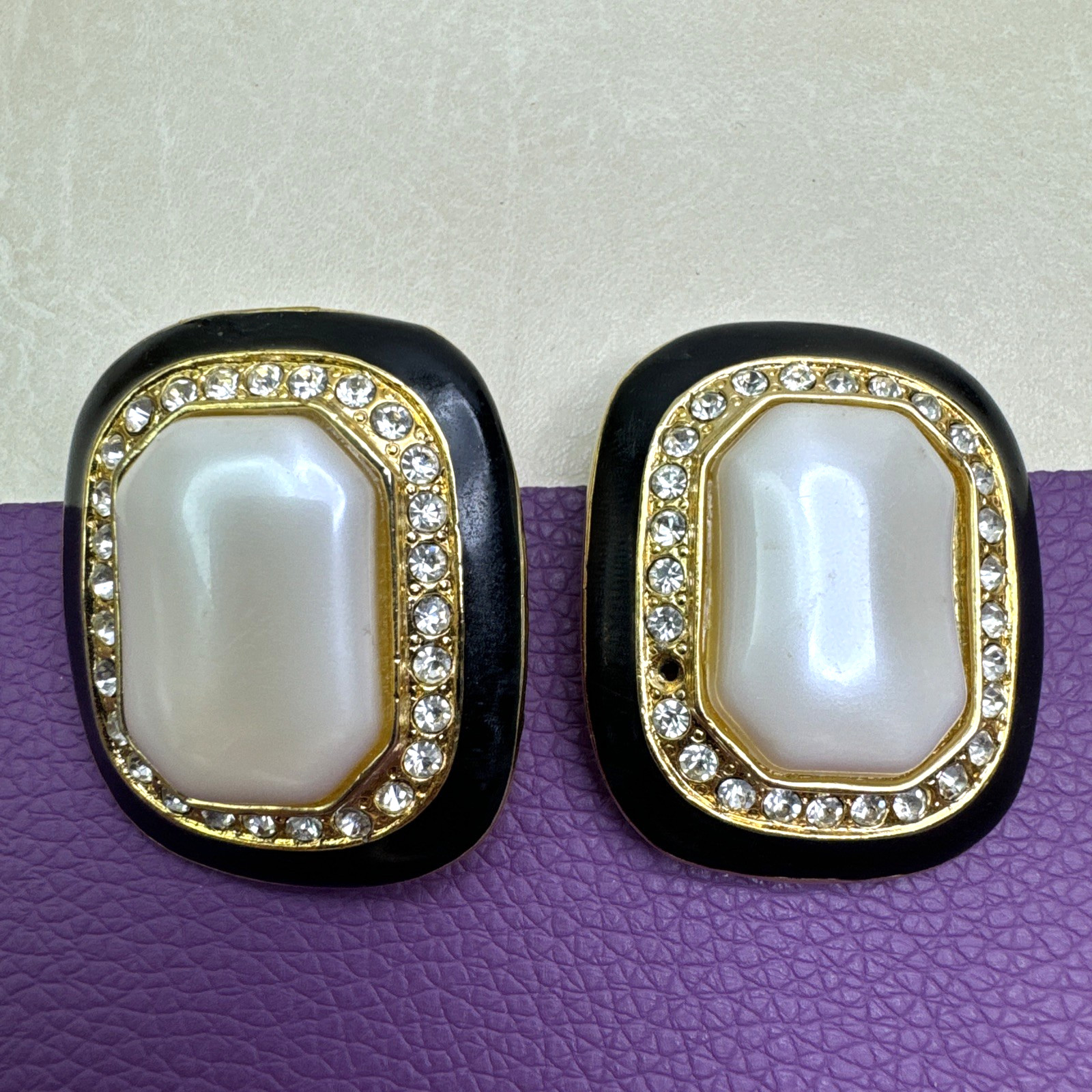 Faux Pearl Earrings Rhinestone Enamel Clip Ons MISSING STONE