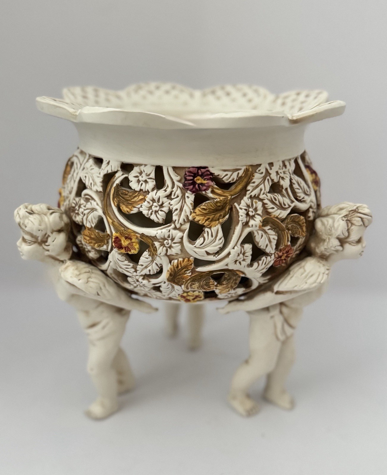 Large Vintage Ardalt Amorini Italy 4091 Cherub Planter Reticulated Cachepot 9”