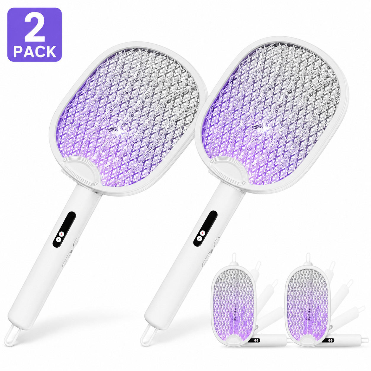 2Pack Electric Fly Swatter 4000V Bug Zapper Racket USB C Rechargeable 1800mAh