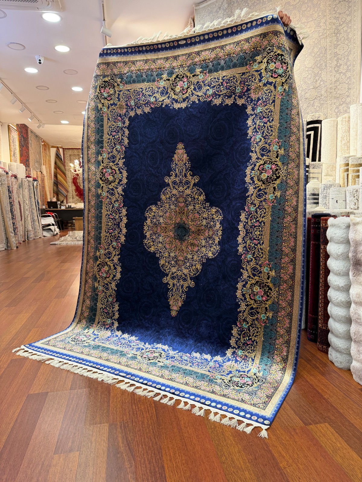 Turkish 100% Silk Rug 7x10 Navy Blue Gold Large Area Rug Floral Medallion Luxury