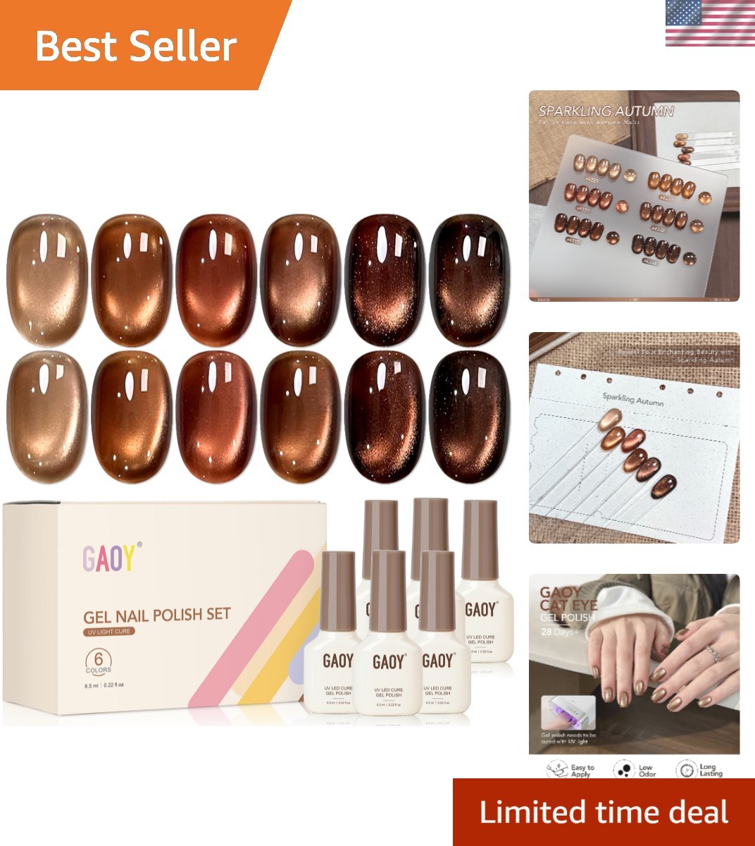 GAOY Glitter Cat Eye Gel Nail Polish Set with Magnet, 6 Colors Brown Green Purpl