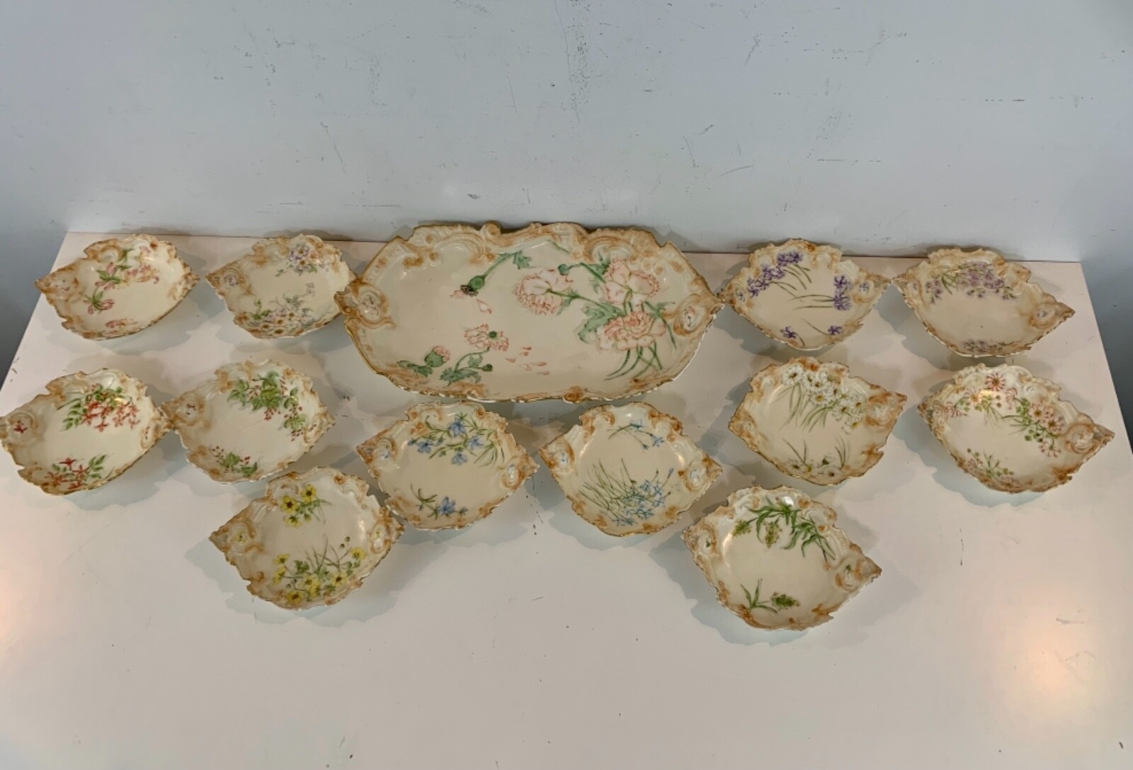 Antique Limoges Fish Shaped Set 1893 Mavaliex & Granger Painted Flower 13pc
