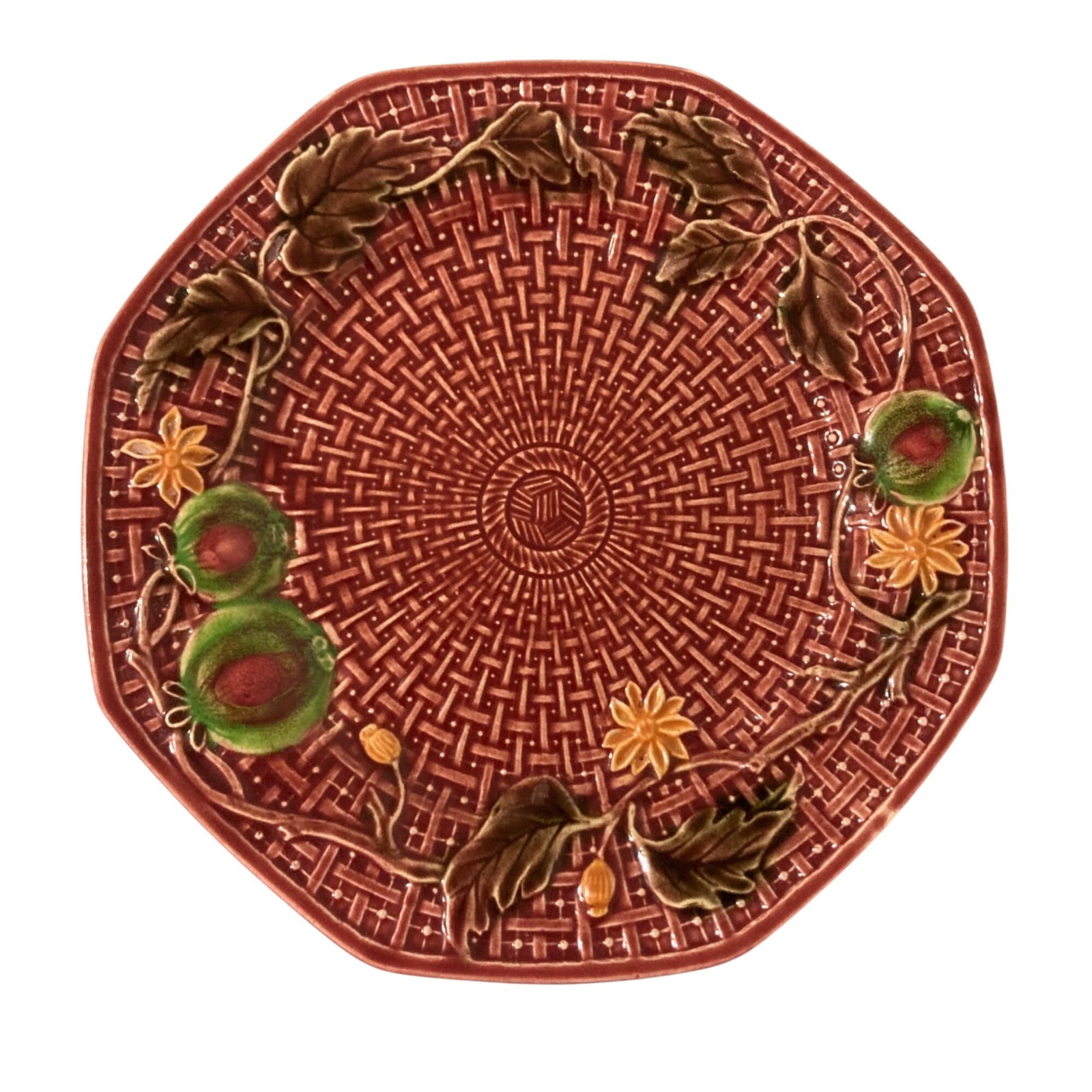 Vintage Majolica Basket Weave Burgundy Pinkish Red Plate With Fruit And Leaves Vintage Majolica Basket Weave Burgundy Pinkish Red Plate With Fruit And Leaves