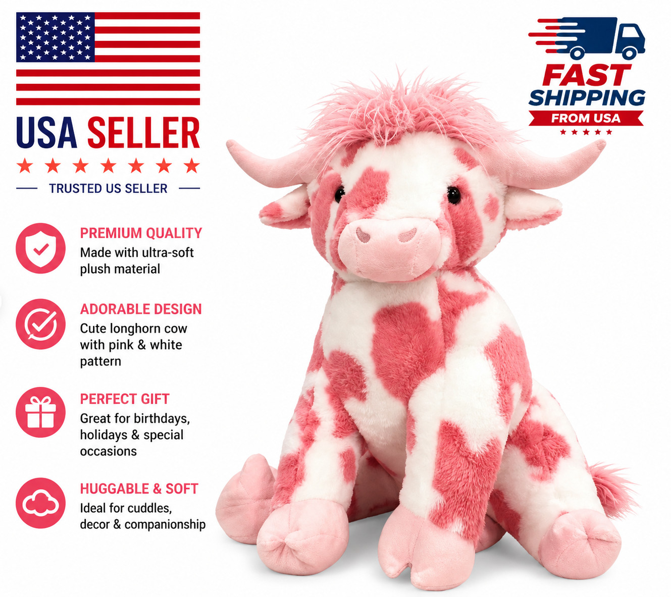 50CM Longhorn Cow Plush Toy Jumbo Stuffed Animal Kawaii Pillow Soft Kids Gift US