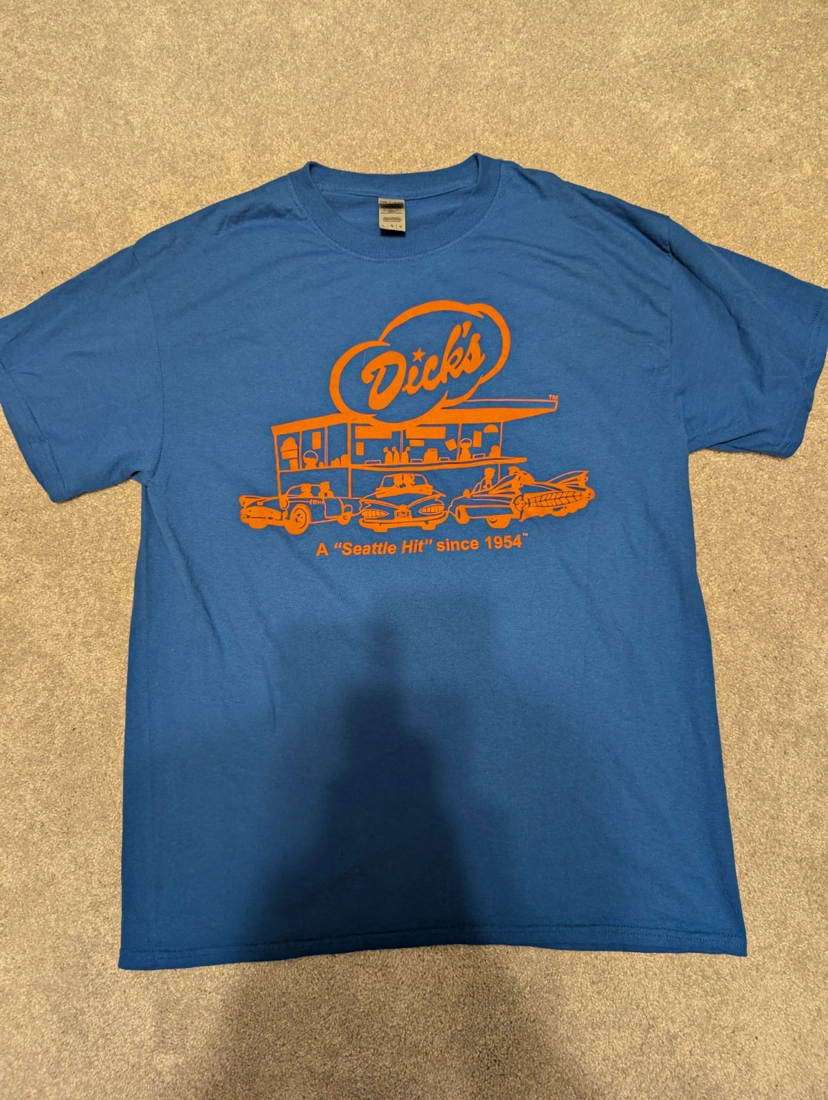 Dick\'s Drive-In Seattle T-Shirt Blue Orange Since 1954 Burgers Retro Gildan L