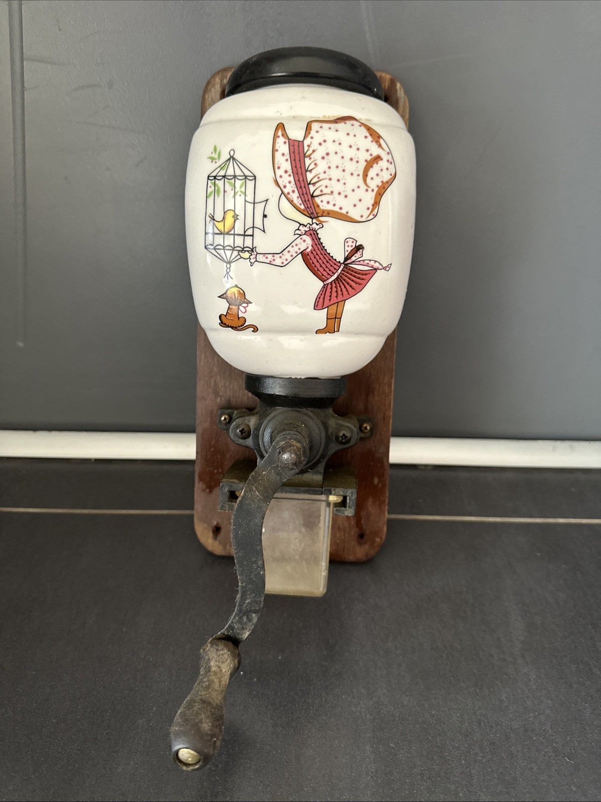 Antique Wall Mounted Coffee Mill Hopper In Decorated Faience Antique Wall Mounted Coffee Mill Hopper In Decorated Faience
