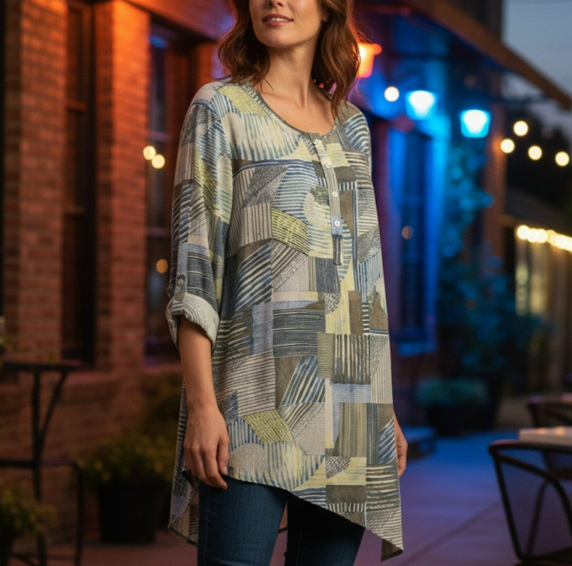 Chico\'s Asymmetrical Hem Popover Top Size XL / 3 Semi Sheer Roll Tab Sleeves Chico\'s Asymmetrical Hem Popover Top Size XL / 3 Semi Sheer Roll Tab Sleeves