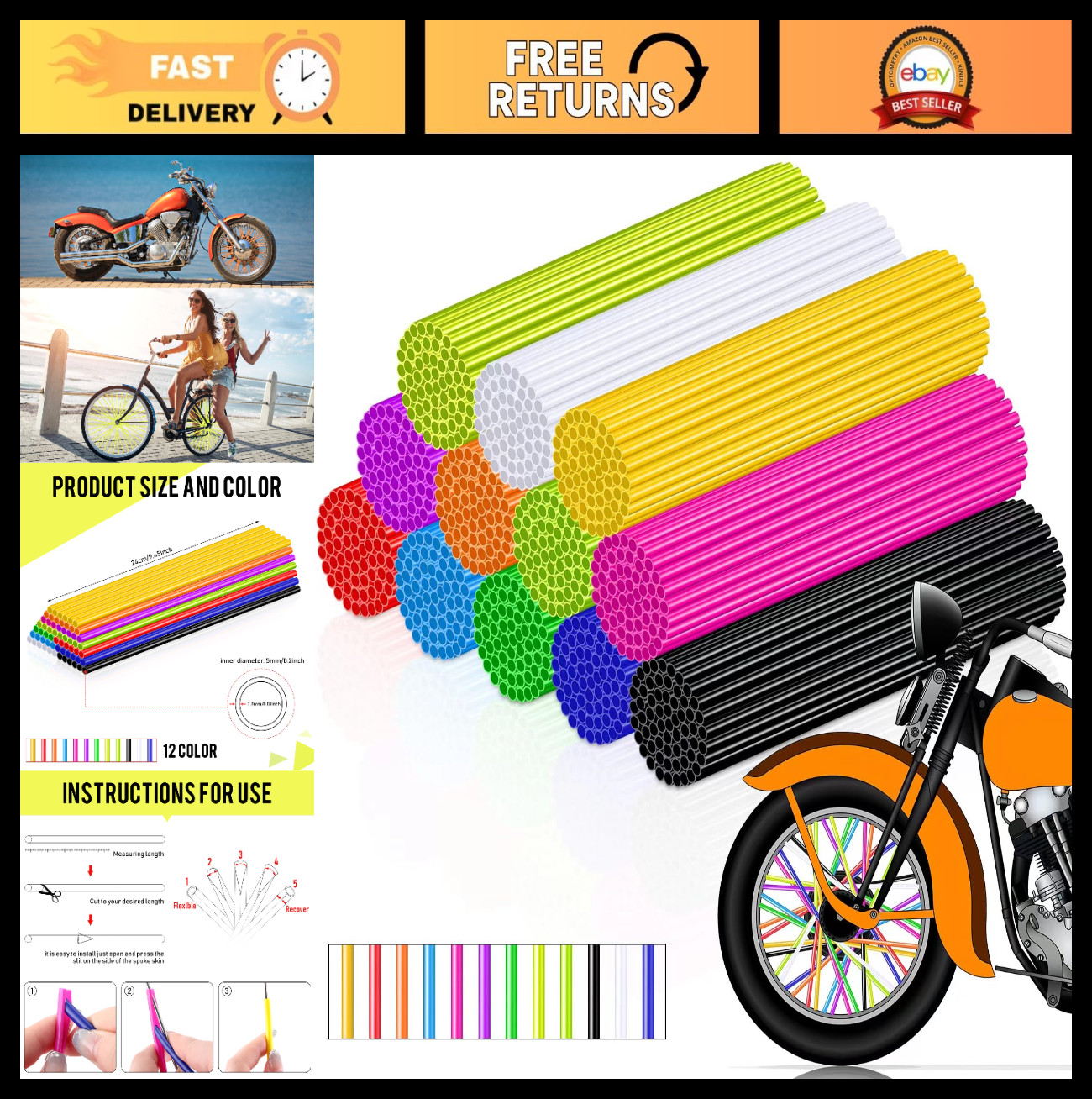 432 Pcs Bike Spoke Covers - Colorful Rim Wraps for Motorcycles, Bicycles & Wheel
