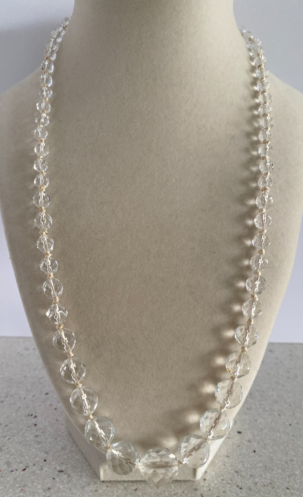 Vintage Faceted Clear Glass Bead Necklace Graduated Art Deco Hand Knotted 23\