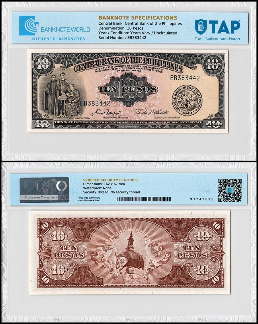 Philippines 10 Pesos, 1949-1969 ND, P-136e, UNC, TAP Authenticated