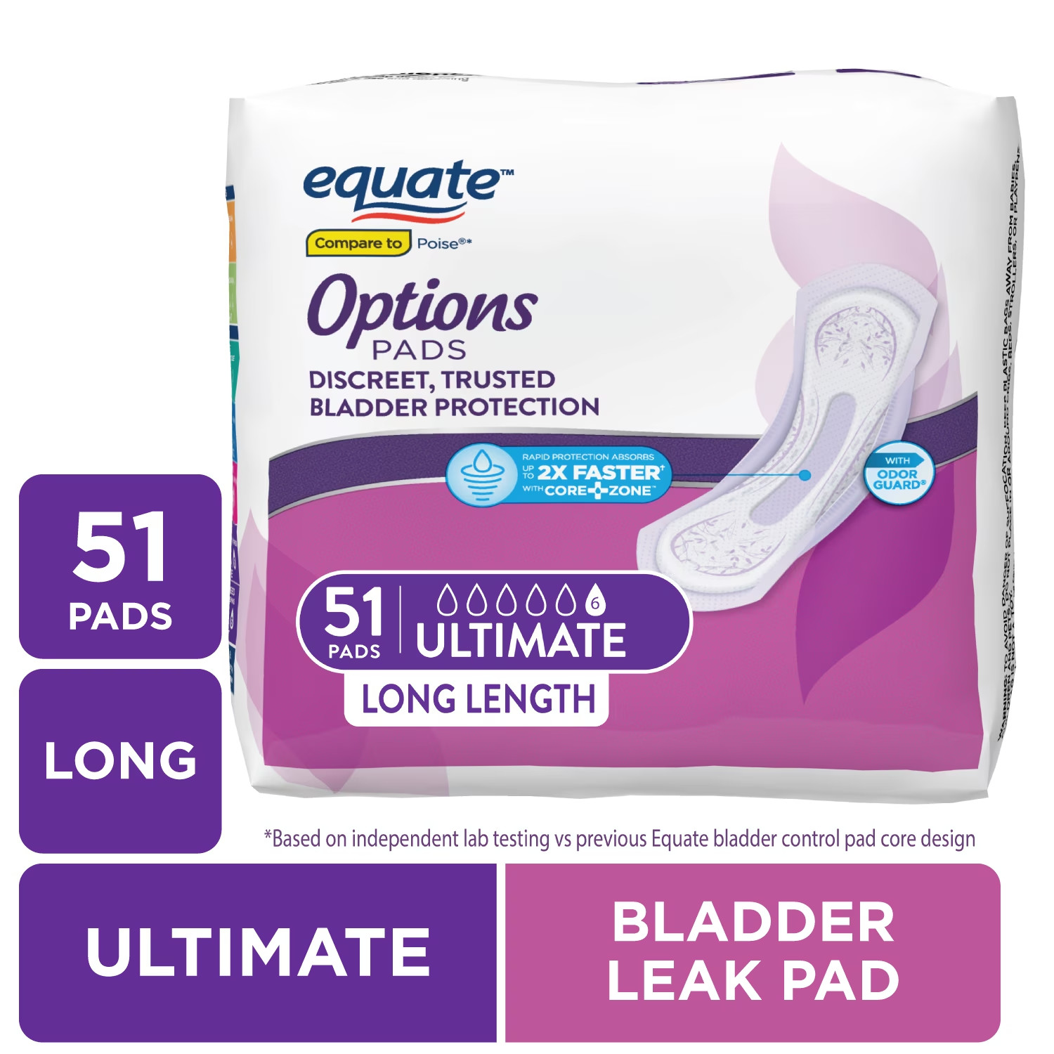 Equate Options Women\'s Incontinence Pads, Ultimate Absorbency, Long Length, 51 C Equate Options Women\'s Incontinence Pads, Ultimate Absorbency, Long Length, 51 C