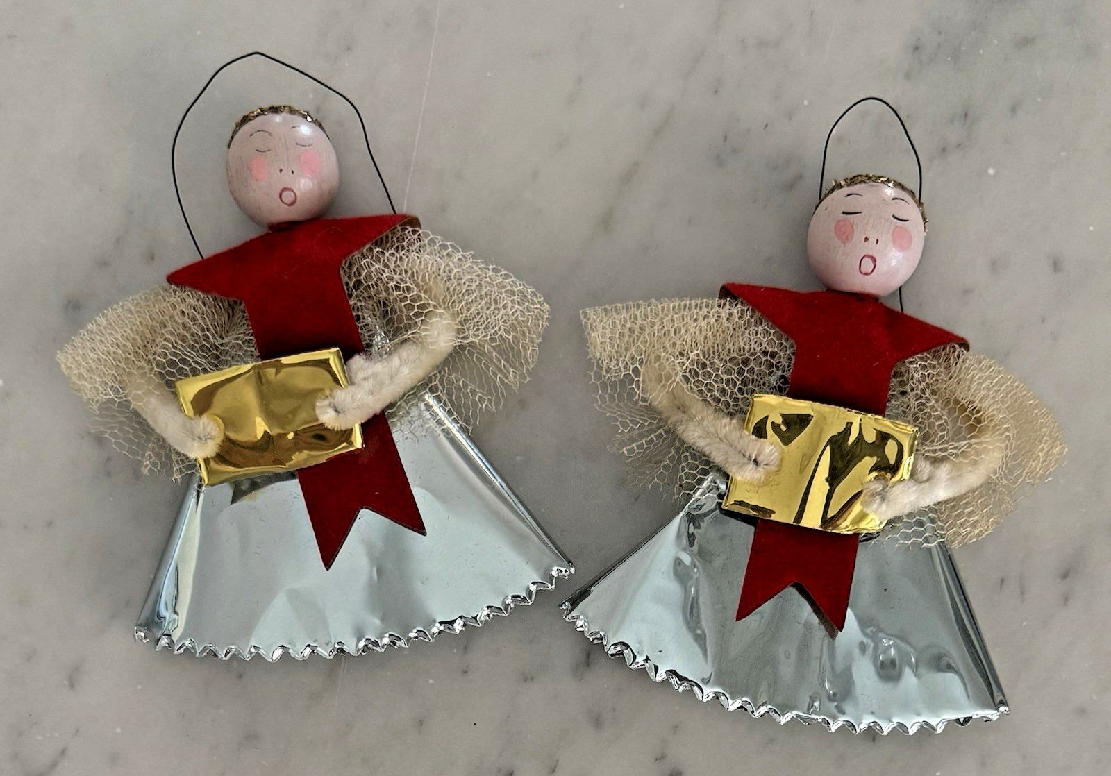 Vintage 1950s MCM Christmas Foil, Tulle, & Chenille Choir Angel Ornaments RARE