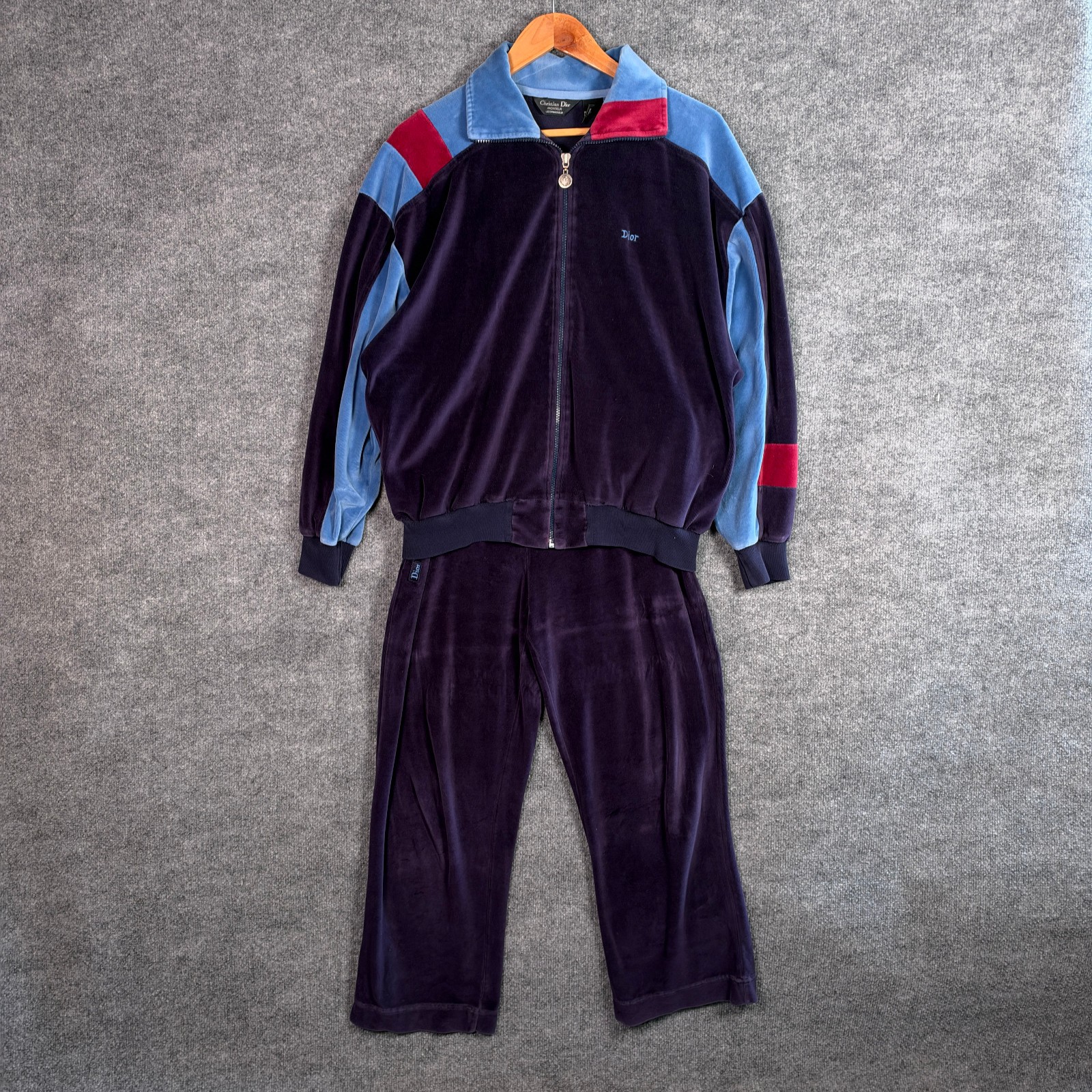 VTG 80s Christian Dior Track Suit M Blue Colorblock Velour Monsieur Sopranos 70s