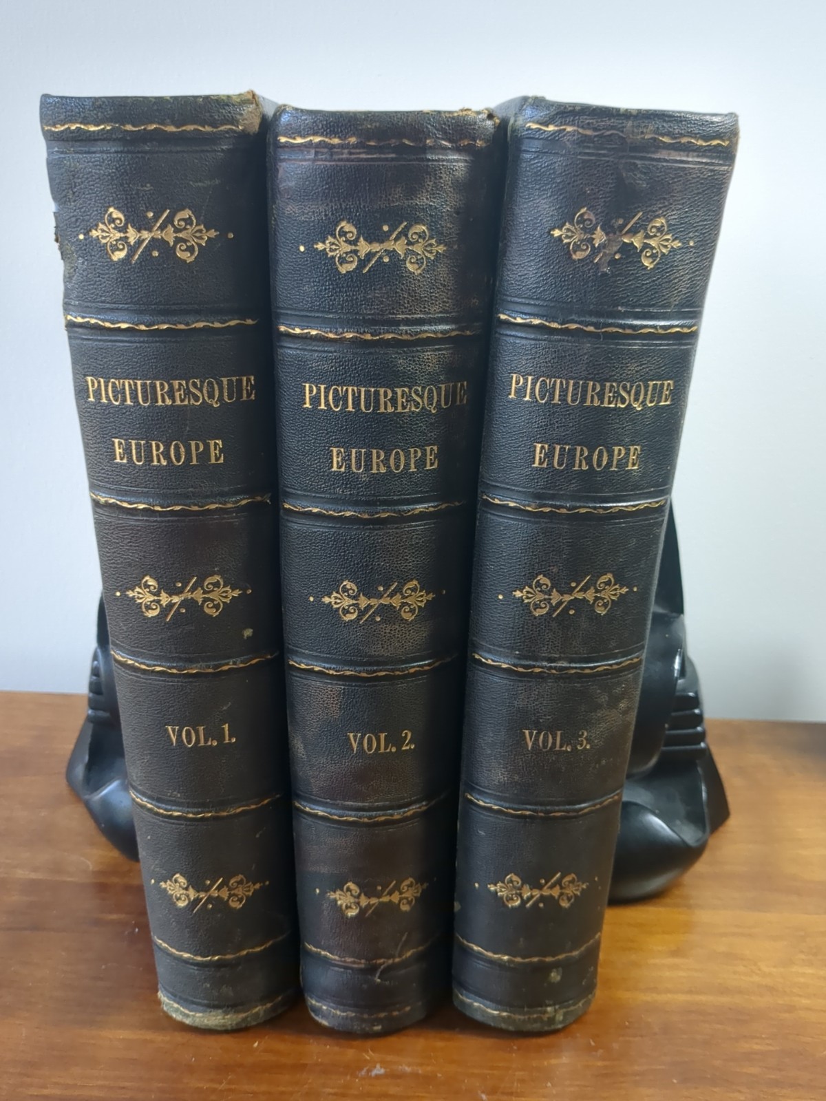 1875, 1st, PICTURESQUE EUROPE, 3 FOLIOS, FULL LEATHER DELUXE ISSUE, ILLUSTRATED