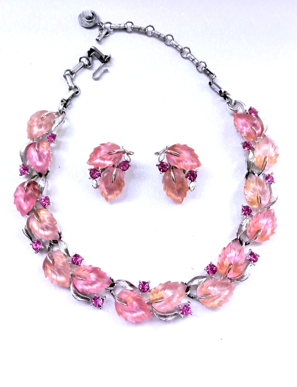 LISNER Signed Molded Lucite Pink Peach Leaves Pink Rhinestone Necklace Earrings
