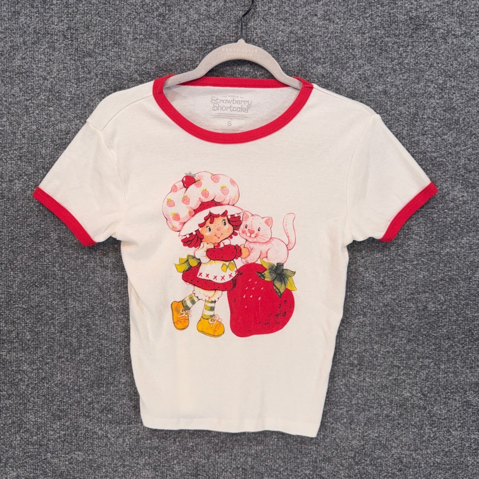 Strawberry Shortcake Baby Tee Women Small White Red Graphic Retro Tshirt