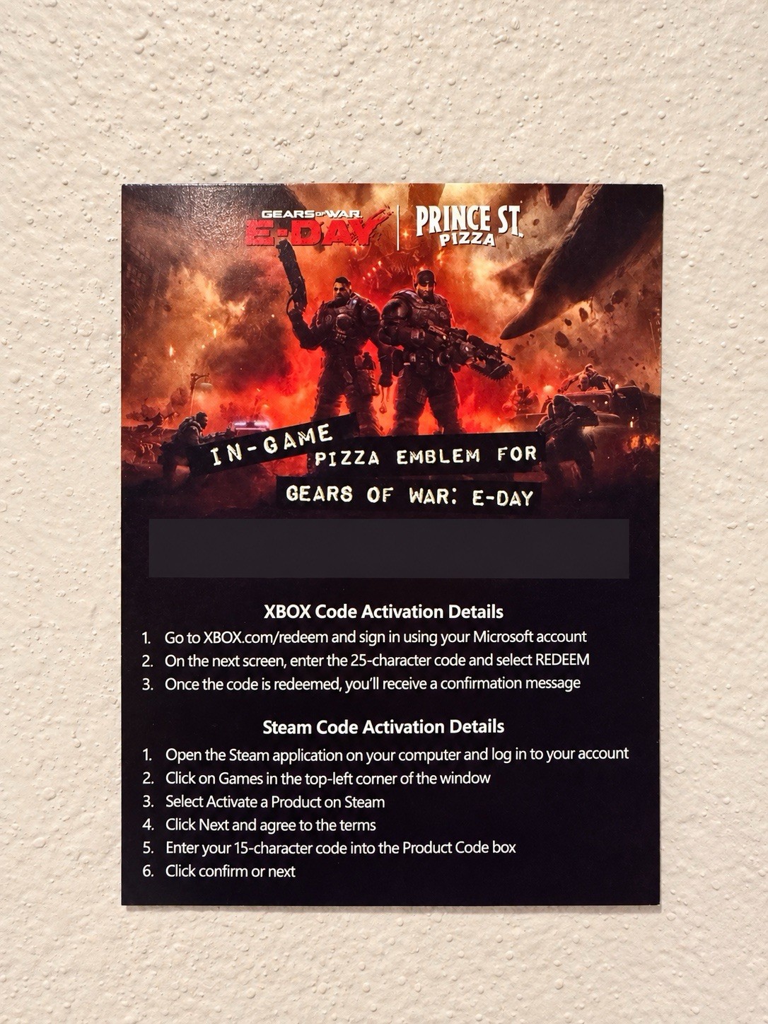 Gears Of War E Day Code Card / Prince Street Pizza - In Game Emblem