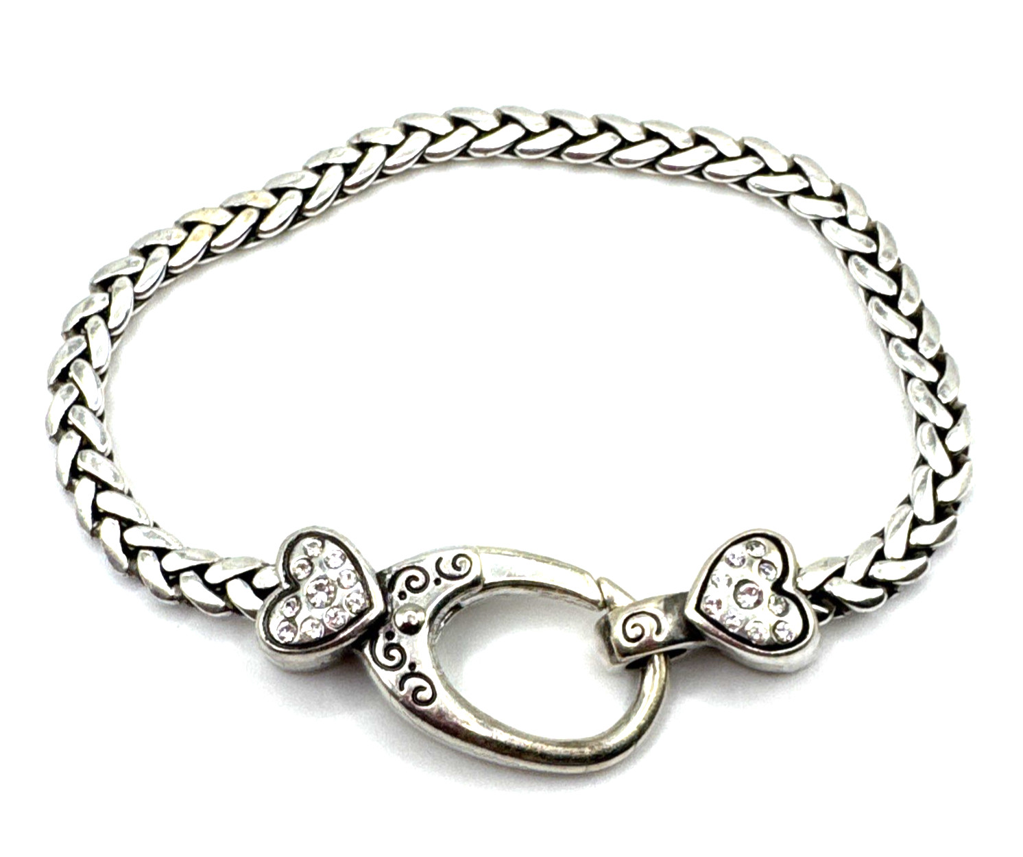 Brighton Crystal Heart Hook Add Charms/Beads to Hook Silver Bracelet 7.5 Inches