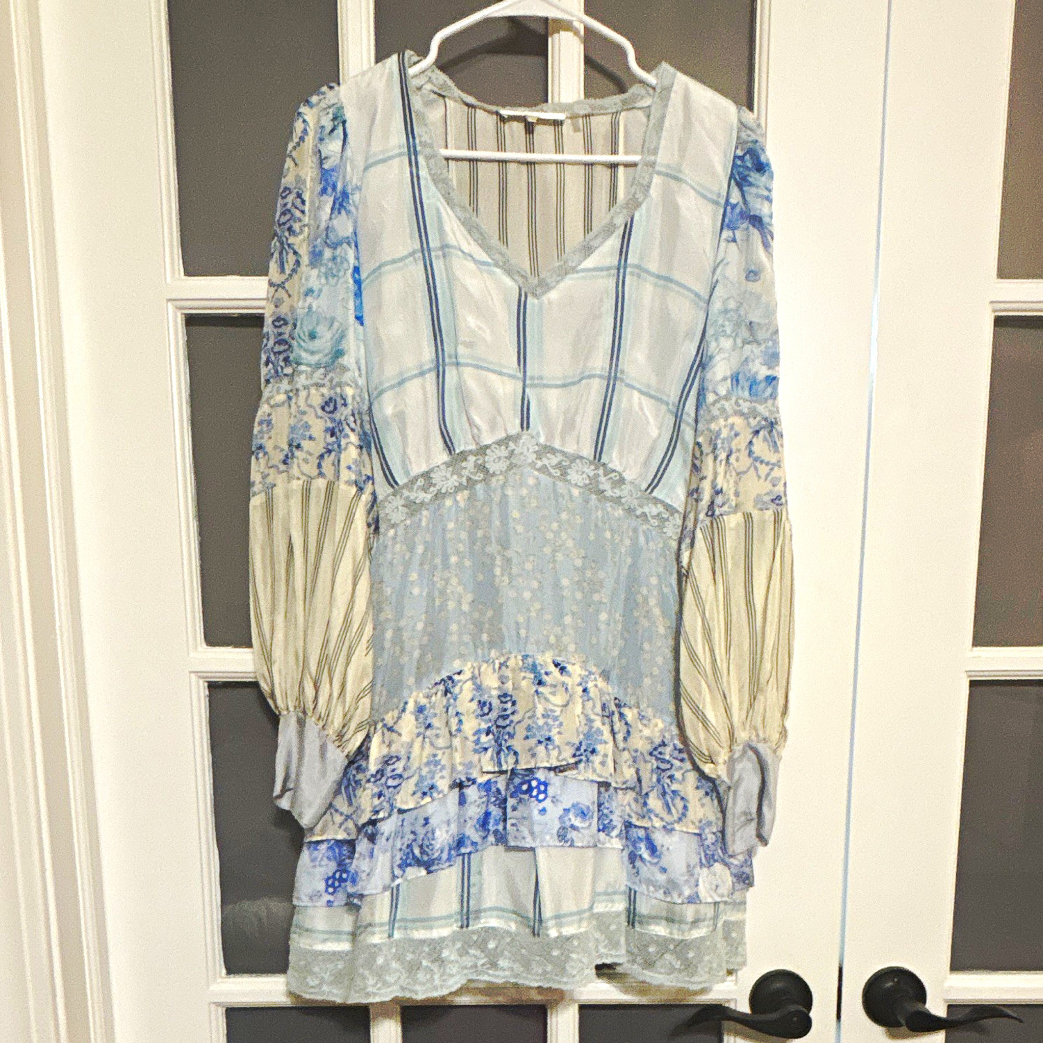 LoveShackFancy Silk Dress Blue/White Floral Ruffle V-Neck Long Sleeve S