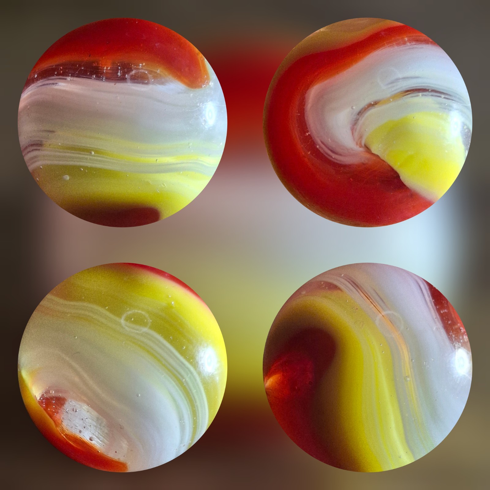 3 Vintage Akro Agate Popeye Marbles Hybrid Red And Yellow