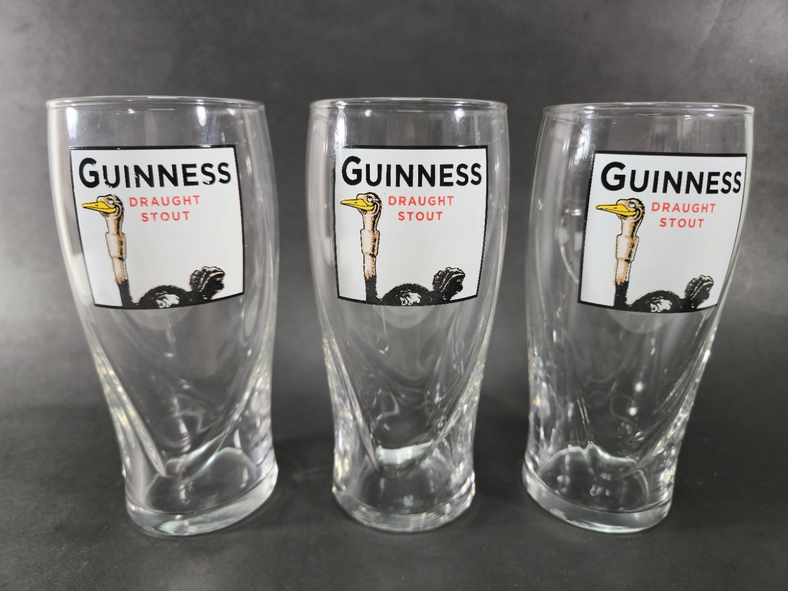 Set Of 3 GUINNESS 16 oz (20oz) Beer Glasses Embossed Harps Ostrich Draught Stout