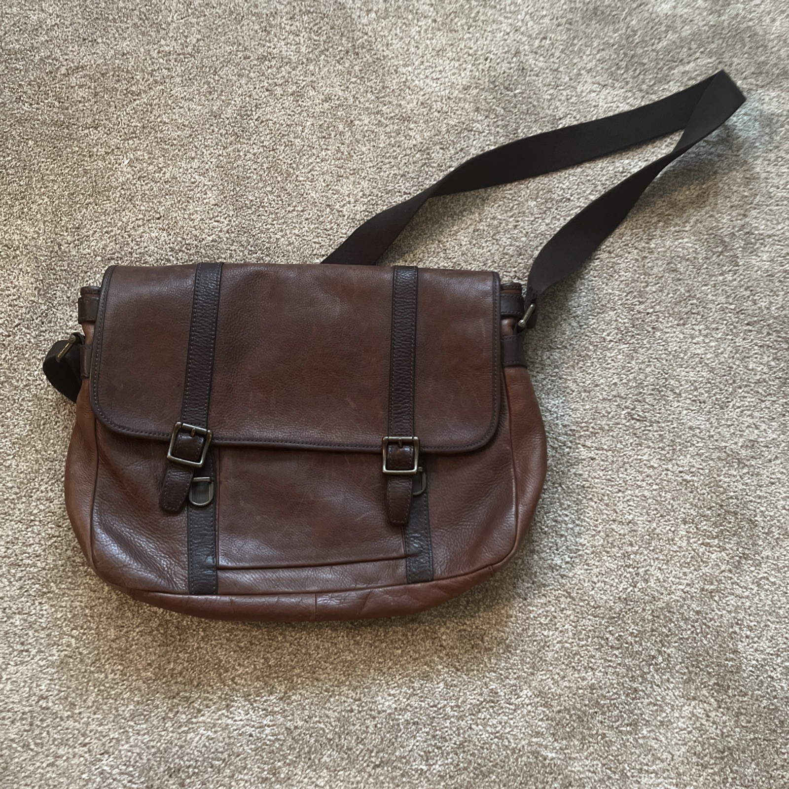 Vintage Fossil Brown Genuine Leather & Canvas Messenger Bag Crossbody Satchel
