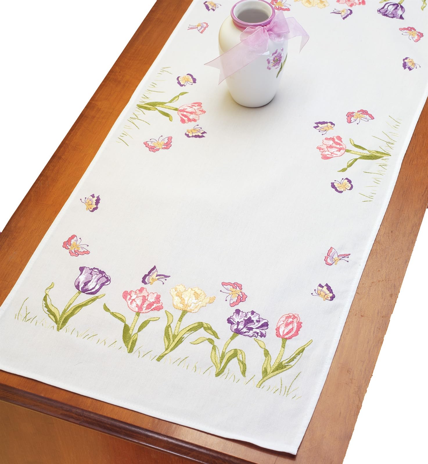 Janlynn Stamped Embroidery Kit, Tulip Garden Dresser Scarf,Stamped Linens, White