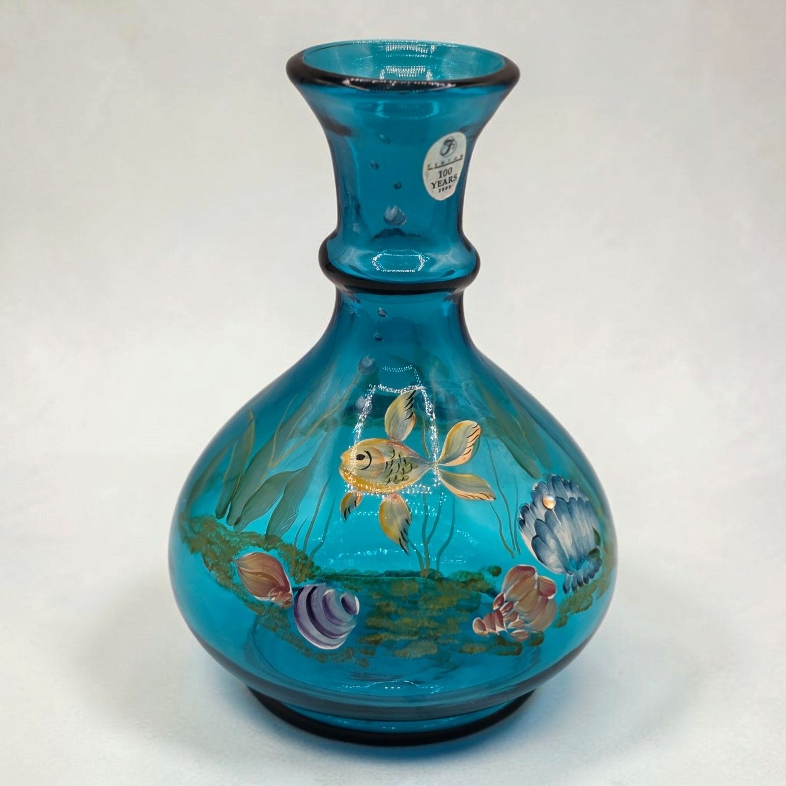 Fenton Art Glass 100th Anniversary Vase Goldfish Seashells Aqua Blue K Barley