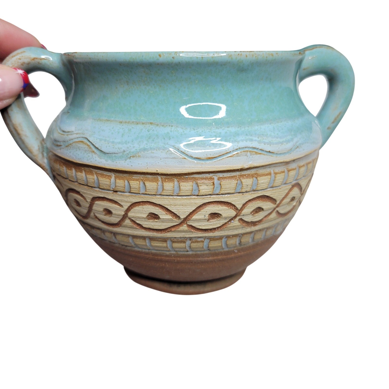 Handmade Studio Pottery Blue Glaze Terracotta Dual Handle Bowl Signed Nachmanoff