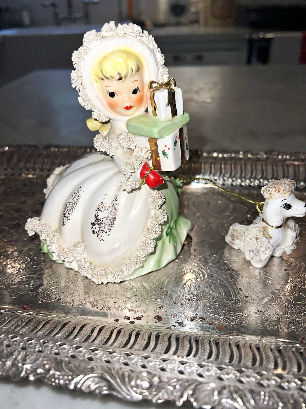 Rare Napco Japan Christmas shopping Girl Figurine w/ Dog Companion 2pc Set 1950s Rare Napco Japan Christmas shopping Girl Figurine w/ Dog Companion 2pc Set 1950s