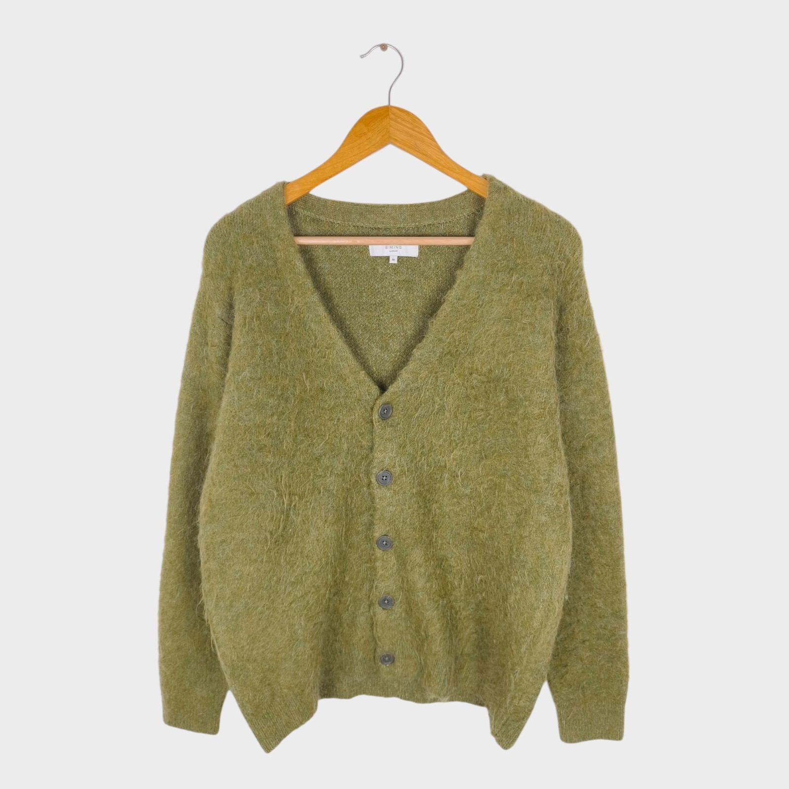 BEAMS B:MING Men\'s Green Mohair Blend Shaggy Grunge Cardigan - Size M