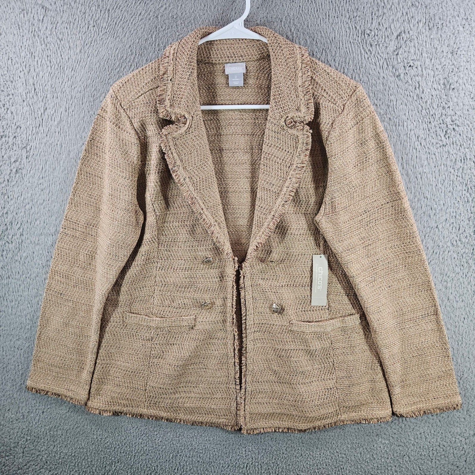 Chicos Fringe Tweed Cardigan Sweater Blazer Neutral Metallic Tan Sz 2 Large NEW