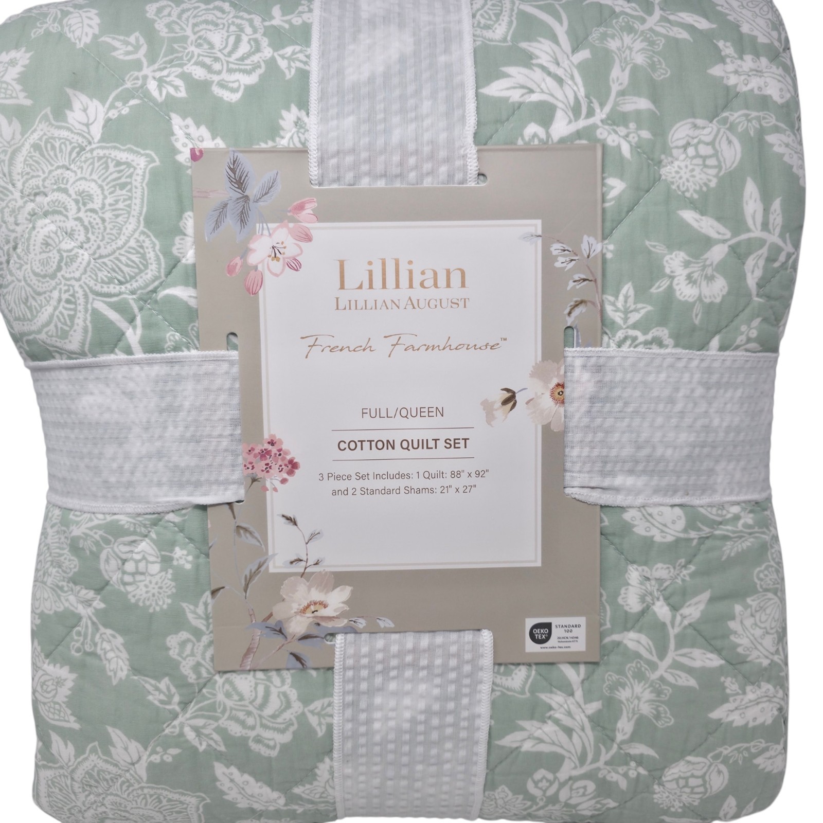 Lillian August Farmhouse Floral Cotton Quilt Set Full Queen Sage Green