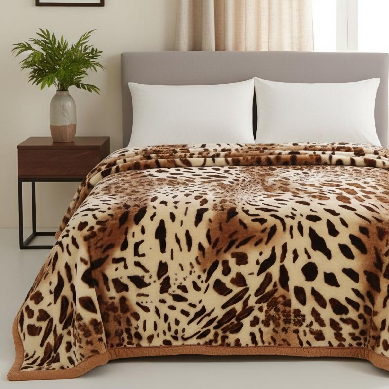 2 Ply Reversible Raschel Blanket Fluffy Warm Bed Blanket Leopard Floral Printed