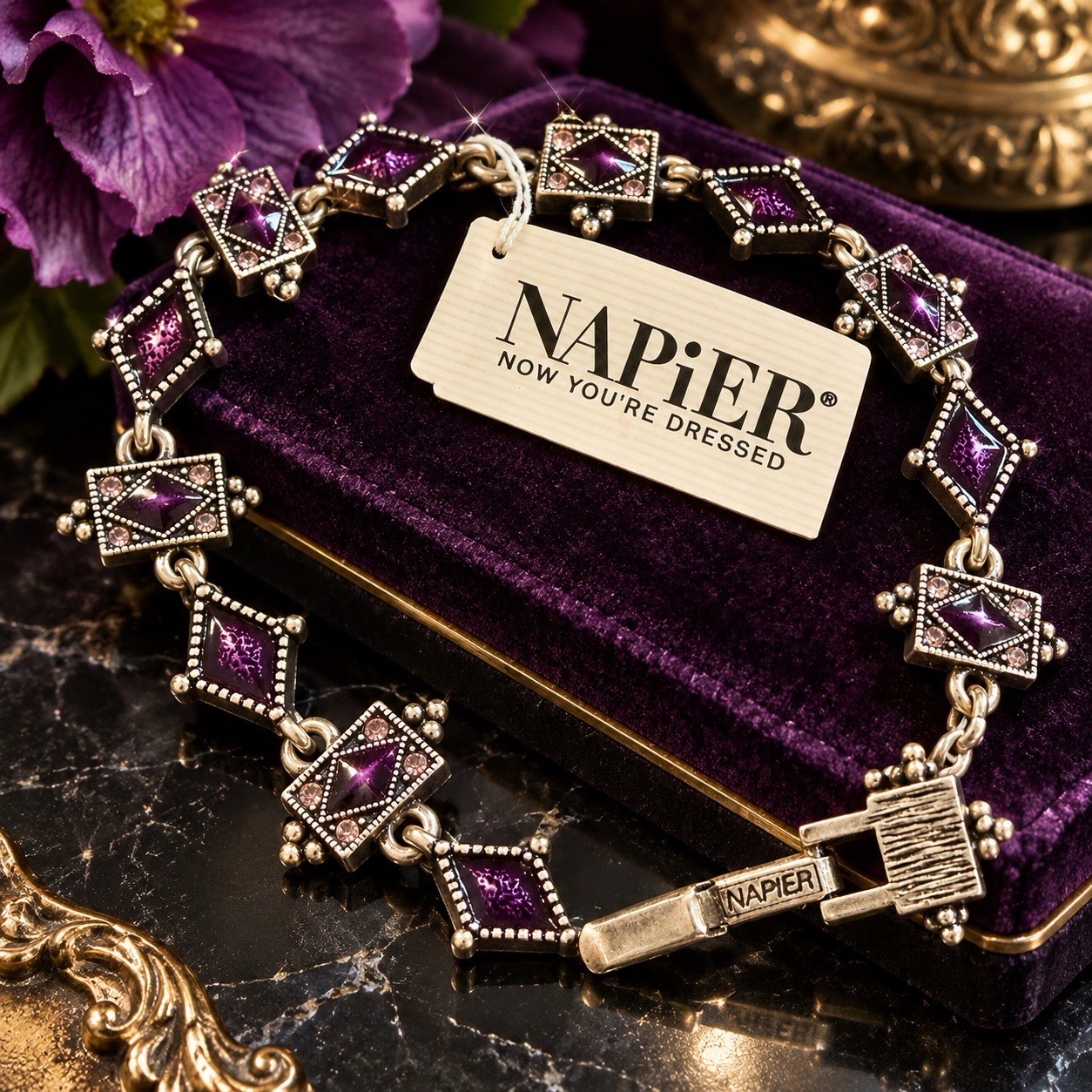 Vintage NAPIER Bracelet Original Hangtag Purple Geometric Art Deco Style Signed