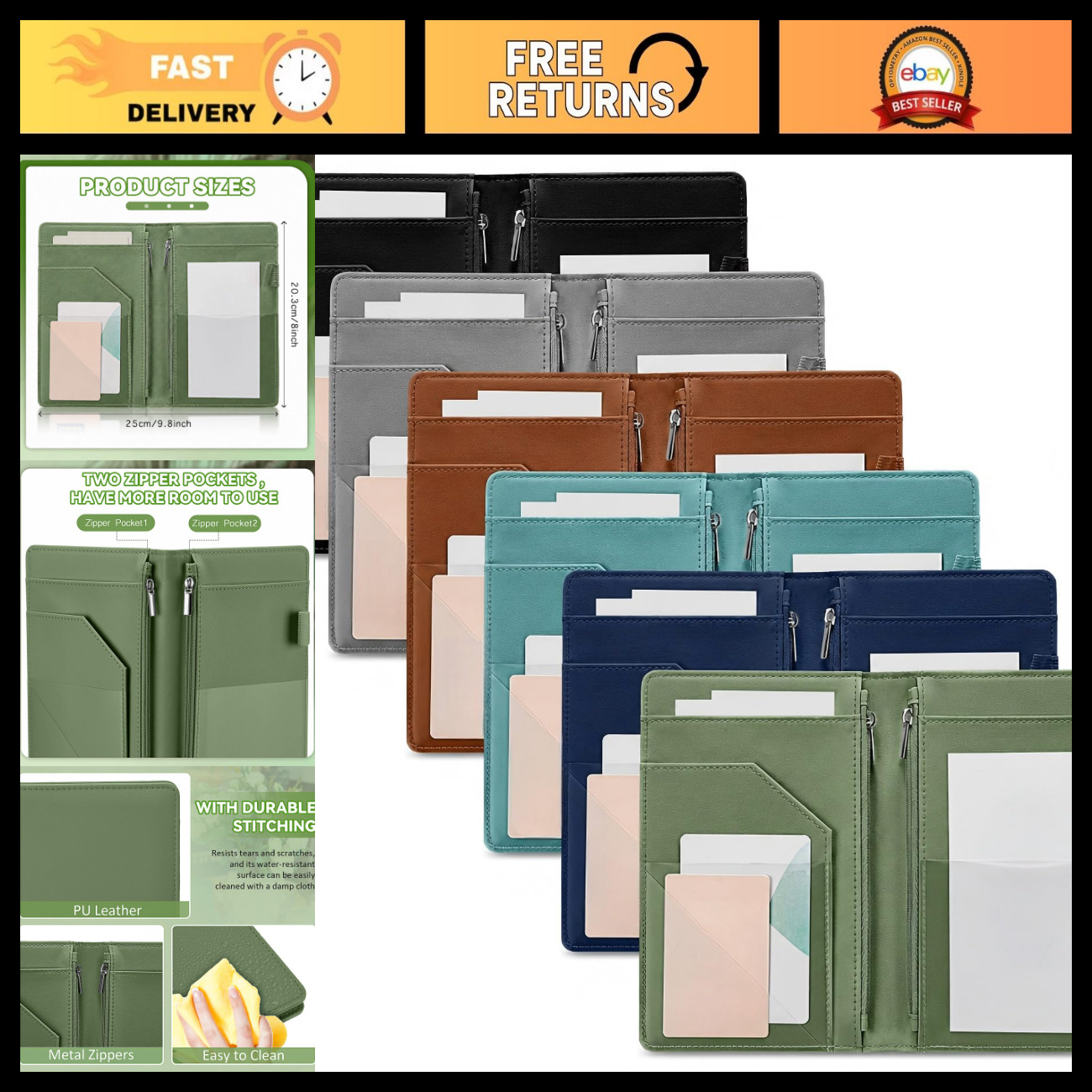 6 Pcs Colorful Server Book with Zipper Pockets & Money Pocket - Waitress Organiz