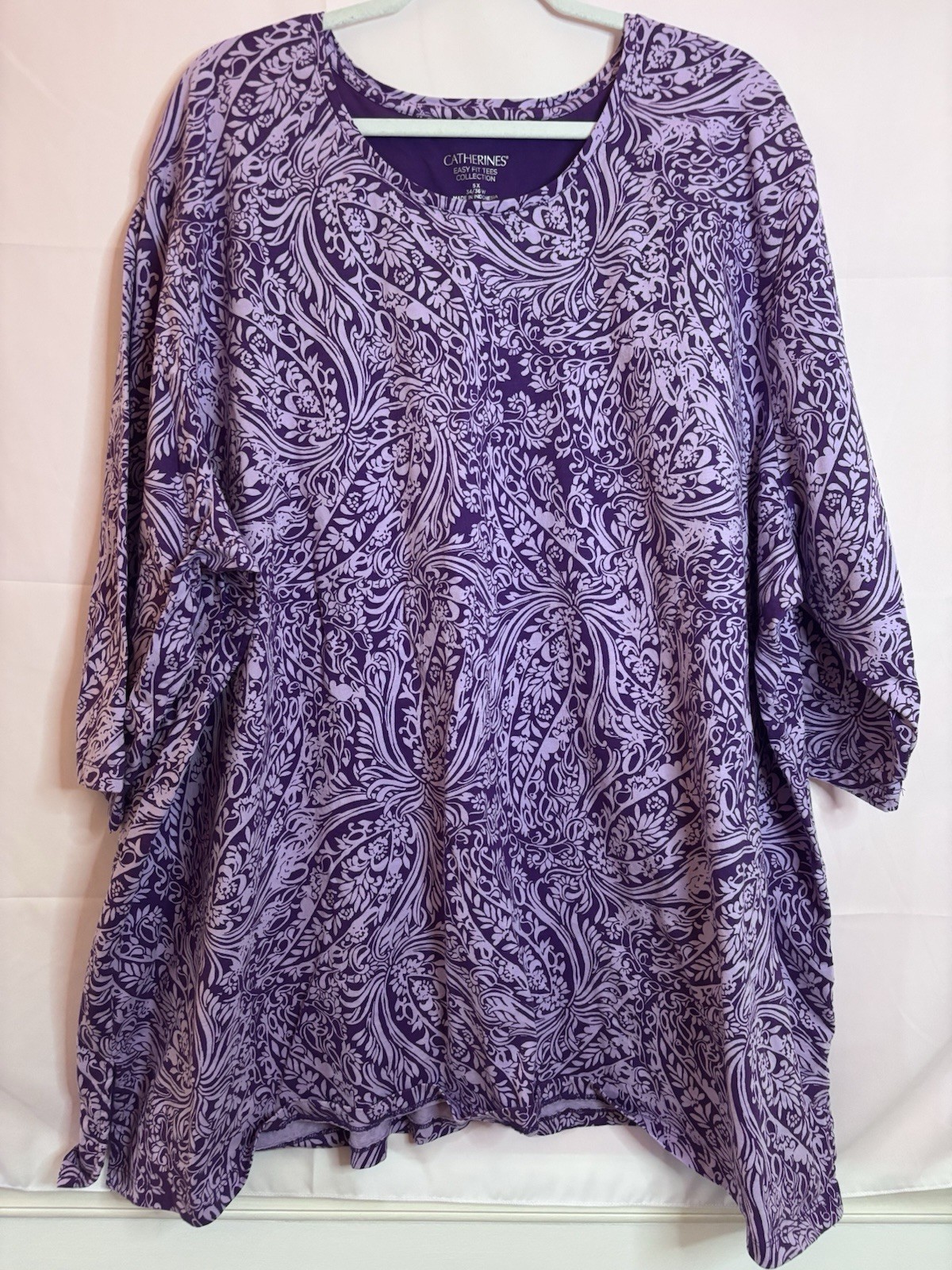 Catherines Easy Fit Tees Top 3/4 Sleeve Womens Size 5X 34/36W Purple Paisley