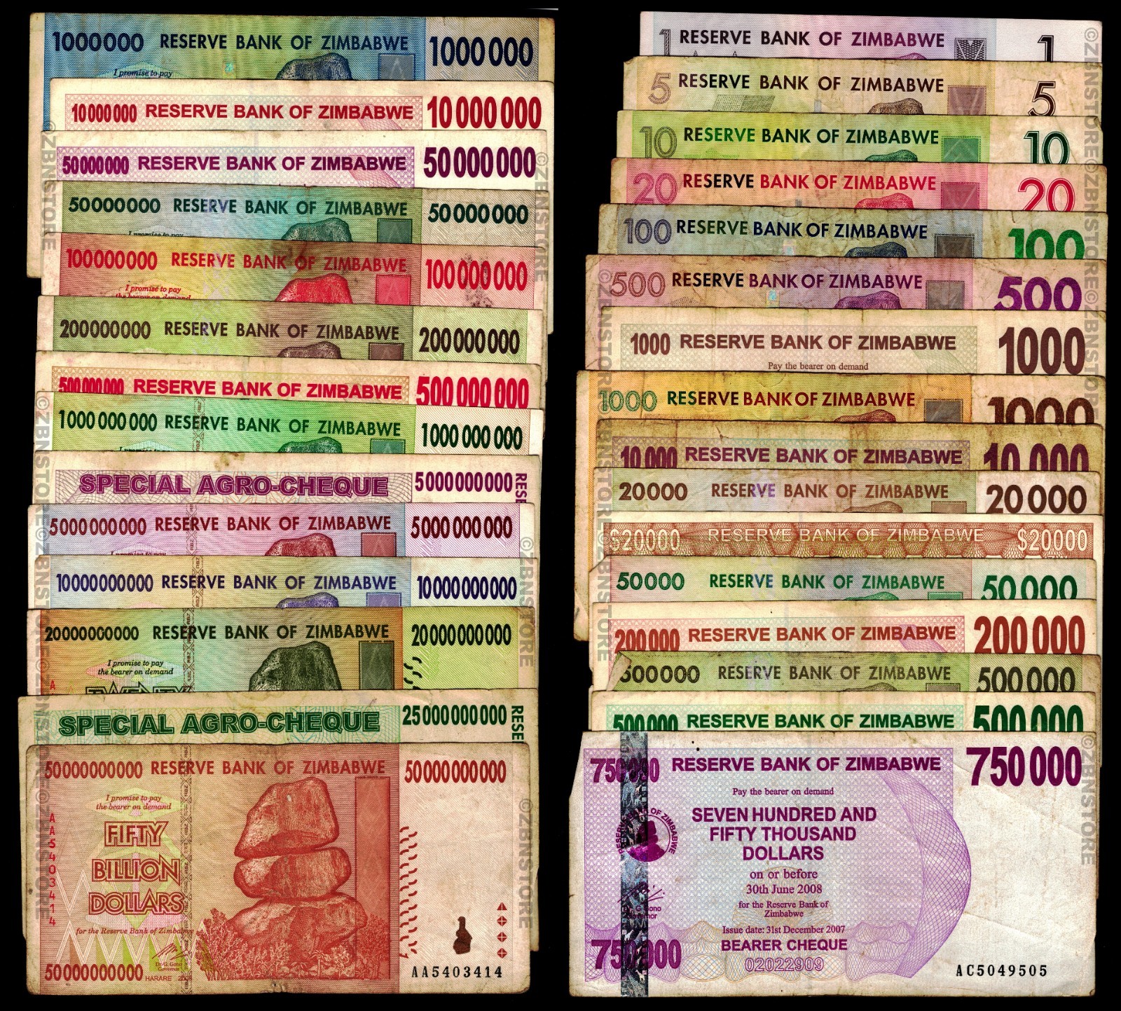 Zimbabwe 30 Banknotes Currency Set 1 5 10 20 50 100 500 Million Billion Dollars