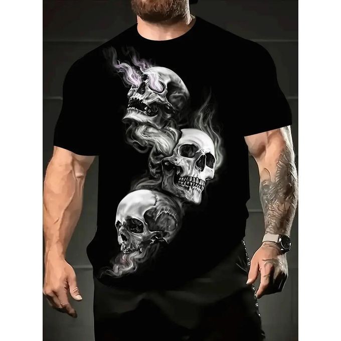 Skull Graphic Black Short Sleeve Crew Neck Tee Cool Skeleton  t-shirt S-5XL