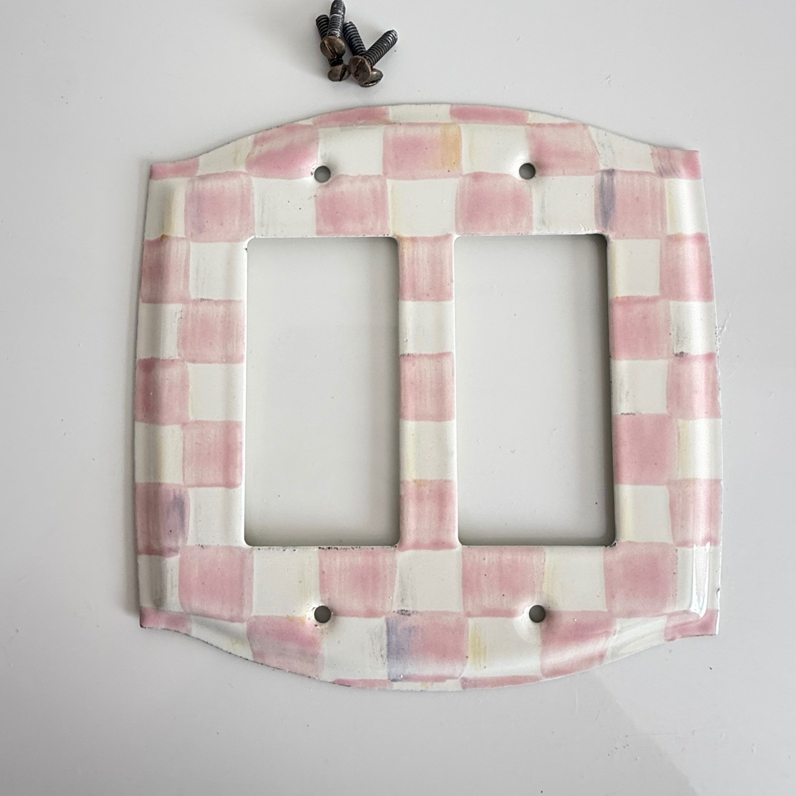 MacKenzie-Childs Aurora Rosy Pink Check Double Decora Rocker Switch Plate Cover