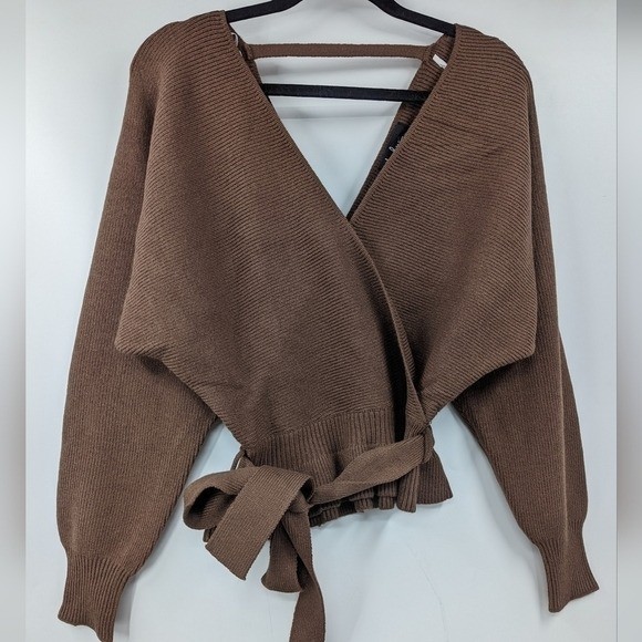 NWT LULU\'S Sweater Womens XS Extra Small Brown Faux Wrap Belted Dolman
